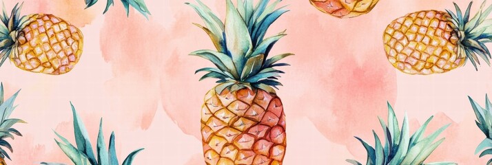 Aufkleber - Watercolor pineapple pattern with vibrant greens and fruity tones on a soft pink background. Generative AI
