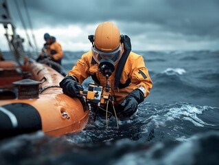 Poster - Offshore seismic survey crew in protective outfits handling specialized sonar equipment to conduct oceanic measurements