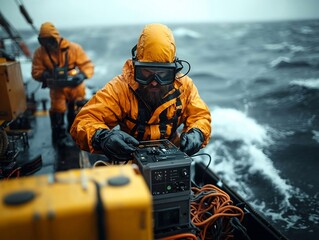 Poster - Hardworking Offshore Seismic Survey Crew Members Handling Protective Gear and Monitoring Advanced Sonar Technology to Collect Oceanic Measurements from a Survey Ship Navigating Rough Seas and Moody