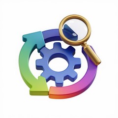 Poster - 3D rendering of a colorful circular process with a gear and magnifying glass, symbolizing optimized workflow and continuous improvement.
