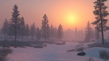 Wall Mural - Serene Winter Sunset Over a Misty Pine Forest