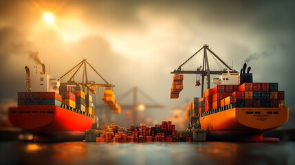 Poster - Bustling Offshore Port Terminal with Massive Container Ships Docking at the Pier Cranes Hoisting and Loading Cargo Containers Towering Tankers Unloading Petroleum Products