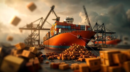 Poster - Bustling Offshore Port Terminal with Massive Container Ships Docking Cranes Hoisting and Loading Cargo Towering Tankers Unloading Petroleum Products