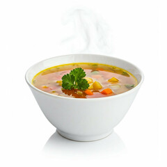 white bowl of hot vegetable soup with steam rising  and parsley garnish  isolated on white background