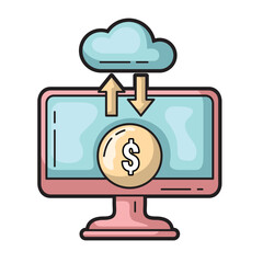 Poster - Cloud data transfer to computer screen with dollar coin, ideal for financial technology and data storage concepts in design projects