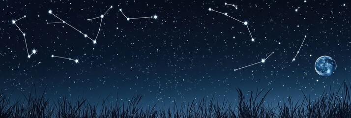 Poster - Captivating starry night reveals constellations and luminous full moon shining over tranquil landscape. Generative AI