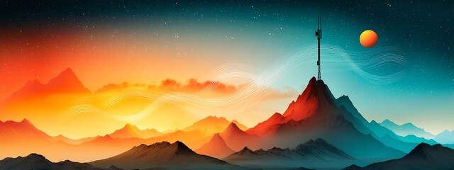 Poster - Ethereal Radiance Visualizing the Propagation of Radio Waves in the Cosmic Landscape  A vibrant and dynamic showcasing the ethereal beauty of radio waves traversing the celestial expanse