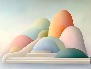 Poster - Serene Organic Landscape of Undulating Pastel Hued Abstract Shapes in Minimalist Setting  Graceful geometric forms with smooth contours diffused lighting creating a hazy impressionistic atmosphere