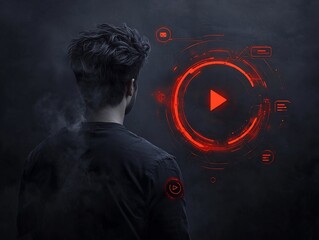 Poster - Cloaked Silhouette of a User Profile in a Moody High Contrast Digital Network Interface with Symbolic Navigation and Messaging Elements Rendered in a Hand Painted Chiaroscuro Lighting Style