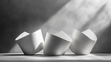 Poster - Sculpture arrangement of minimalist white shapes in a dramatic light setting with shadows and texture