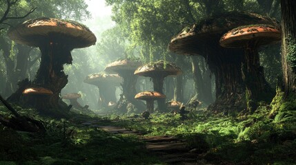 Wall Mural - Enchanting Forest Path With Giant Mushrooms