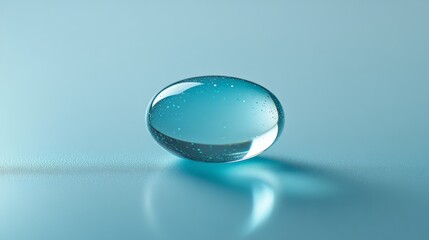 Poster - captivating translucent droplet resting on a smooth surface reflecting soft light in a serene blue e