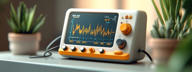 Poster - A 3D rendered image of a modern clean and minimal spectrum analyzer device displaying the frequency distribution of an audio signal