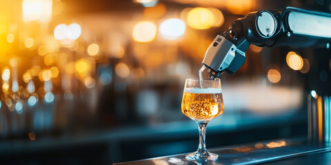 Poster - robotic arm pours glass of beer in modern bar setting, illuminated by warm ambient lighting, showcasing advanced automation in beverage service