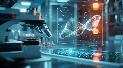 Aufkleber - Microscopic view of glowing DNA strands displayed as holograph in futuristic laboratory, showcasing advanced biotechnology and genetic research innovation