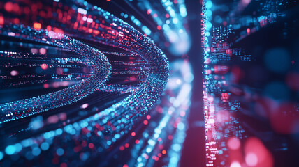 Aufkleber - futuristic digital landscape with glowing red and blue particles forming dynamic, curved patterns, evoking sense of advanced technology and data flow