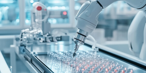 Poster - robotic arm precisely works on conveyor belt in modern laboratory, handling small glass vials for pharmaceutical or scientific purposes, showcasing advanced automation technology