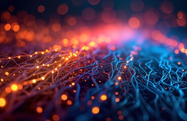 Fototapete - Abstract illustration shows complex network of glowing electric cables, fiber optics. Intense colors blend in futuristic style. Network dynamic, looks like system of interconnected data flow. Image