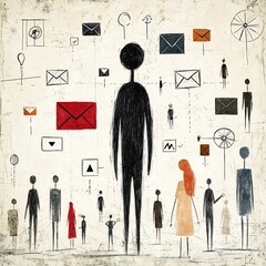 Poster - Surreal abstract composition of hand sketched human silhouette figures with envelope map pointer and other virtual interaction symbols on a distressed muted toned digital painting surface