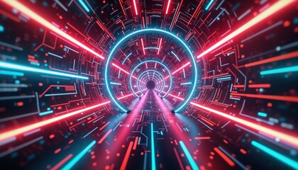 Poster - Futuristic tunnel with vibrant neon light patterns. Electric lines form tech-design kaleidoscope. Mysterious high tech scene in abstract art. Wonderful tech effect. Wonderful design. Abstract view.