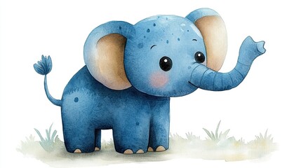 Wall Mural - Adorable blue baby elephant illustration with watercolor effect, standing in grass.