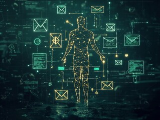 Poster - Worldwide Interconnected Teamwork Symbolized by an Outlined Human Form amid Navigation Directional Markers and Message Envelope Icons Set Against a Contemplative