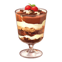 Poster - delicious 3D cartoon tiramisu parfait in glass, layered with cream, chocolate, and biscuit, topped with strawberries and chocolate shavings, isolated on transparency background