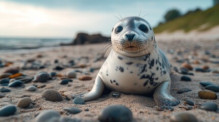 Wall Mural - Adorable grey seal pup on sandy beach near ocean at sunset.