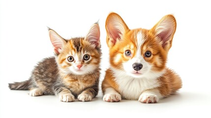 Wall Mural - Adorable kitten and corgi puppy posing together on white background.