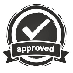 Aufkleber - black approved check mark with modern circular design and ribbon banner, symbolizing validation or acceptance, isolated on transparent background