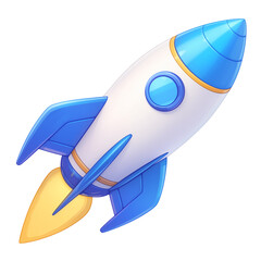 Aufkleber - blue and white rocket with metallic finish, featuring sleek fins and glowing yellow flame, isolated on transparency background
