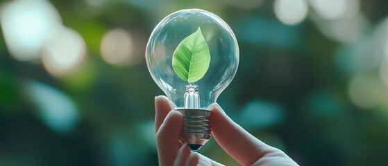 Aufkleber - close up of hand holding light bulb with green leaf inside, symbolizing eco friendly energy and sustainability, against blurred natural background