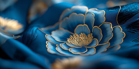 Aufkleber - Elegant close up of intricate golden floral embroidery on luxurious blue fabric, showcasing fine craftsmanship and rich textures. design exudes sophistication and artistic beauty