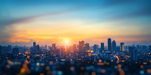 Poster - vibrant city skyline at sunset with glowing lights and colorful sky, creating futuristic and dynamic atmosphere. blurred foreground adds depth to urban scene