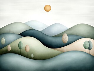 Poster - Serene and Minimalist Abstract Landscape with Undulating Curved Lines Soft Pastel Hues of Sage Taupe and Dusty Blue Tranquil Meditative Zen Inspired Aesthetic and Watercolor like Texture