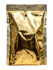 Poster - Flat view of shiny gold foil bag for beauty supplements or food packaging, isolated on transparency background. reflective surface adds luxurious and modern appeal