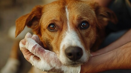 Poster - Close-up of a brown and white dog resting its head on a person's hand, which is wrapped in a bandage.