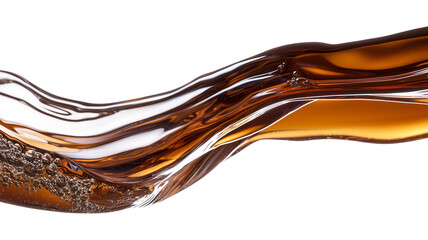 Poster - close up view of dark brown liquid flowing dynamically with bubbles, showcasing its smooth texture and glossy surface. fluid motion creates sense of energy and elegance