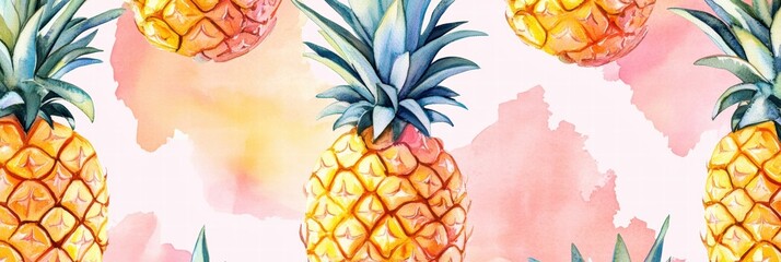 Poster - Delicate watercolor pattern featuring vibrant pineapples on a soft colorful background. Generative AI