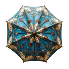 Poster - Top view of multicolored umbrella with intricate floral and geometric patterns on transparency background, showcasing vibrant blue, orange, and beige tones