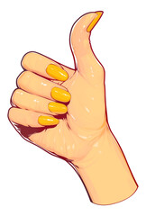 Poster - vibrant neon yellow thumbs up symbol with high gloss and detailed shading, showcasing positive and cheerful expression