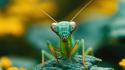 Wall Mural - Close-up of a vibrant green praying mantis perched on a leaf, with a blurred yellow background.