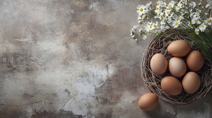 Easter Egg Nest: A rustic and charming flat lay of brown eggs nestled in a woven nest with delicate white blossoms, set against a textured backdrop. This image evokes warmth and tradition.