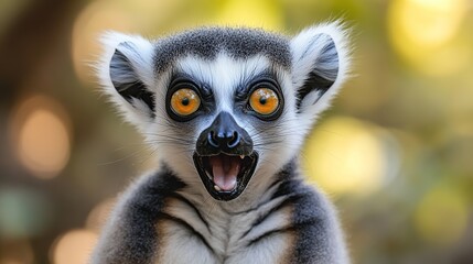 Wall Mural - Close-up portrait of a ring-tailed lemur with open mouth, showing its teeth and tongue.