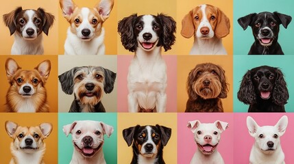 Poster - Colorful collage of happy dogs of various breeds posing against pastel backgrounds.