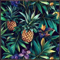 Poster - Vibrant tropical seamless pattern featuring detailed pineapples among lush foliage and colorful flowers. Generative AI