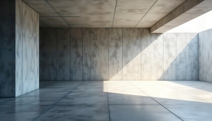 Poster - Empty modern concrete hallway. Light streams through high ceiling. Stylish geometric interior. Concrete floors and walls create futuristic abstract space. No people present.