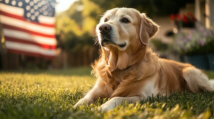 Wall Mural - Golden retriever dog lying on grass with American flag in background.