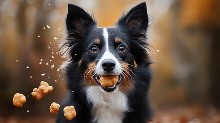 Poster - Happy dog catching treats in autumn.