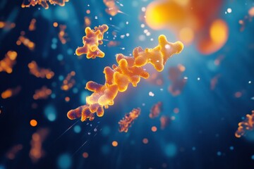 Poster - visualized antibodies attacking glowing viruses in a vibrant microscopic environment. generative ai